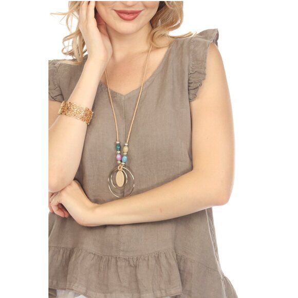 Taupe High-Low Cap Sleeves Top with Bottom Ruffles - Picture 3 of 4